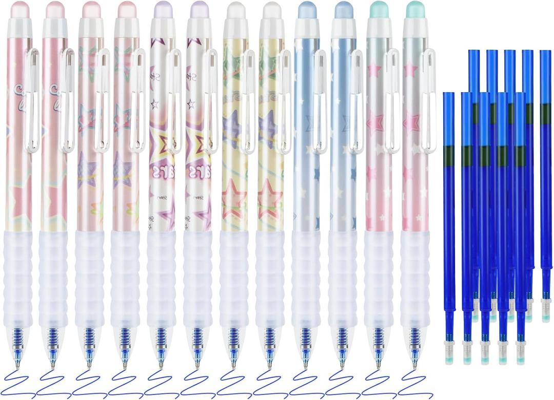 BAYTORY Erasable Pens, Retractable Fine Point 0.5mm Gel Pens with Eraser Clear, 12Pcs Blue Ink Pens & 10Pcs Refills, Smooth Writing for Note Taking Crossword Puzzles (Star)