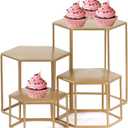 Set of 4 Metal Display Risers, Upgraded Hexagonal Nesting Buffet Riser Set, Modern Brass Buffet Display Stands for Food, Food Display Risers for Buffet Cupcake Small Potted Plants - Medium