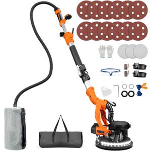 Drywall Sander, 1000W Popcorn Ceiling Removal Tool, Automatic Drywall Sander with Vacuum Dust Collection, LED Light, 6 Variable Speed 800-2200RPM, Foldable & Extendable Handle,15Pcs Sanding Discs (Orange Red)