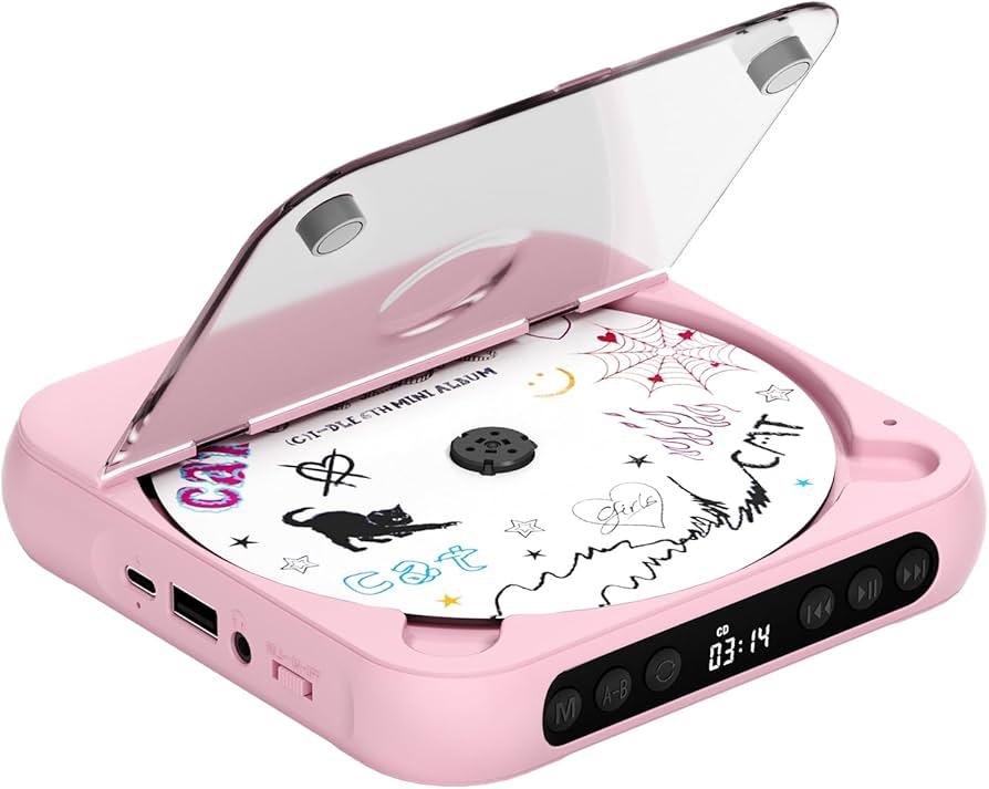 ENVYCLOUD CD Player Portable with Dual Stereo Speakers, Rechargeable Portable CD Player with Bluetooth for Home with Headphones, Support CD/AUX/USB,Pink