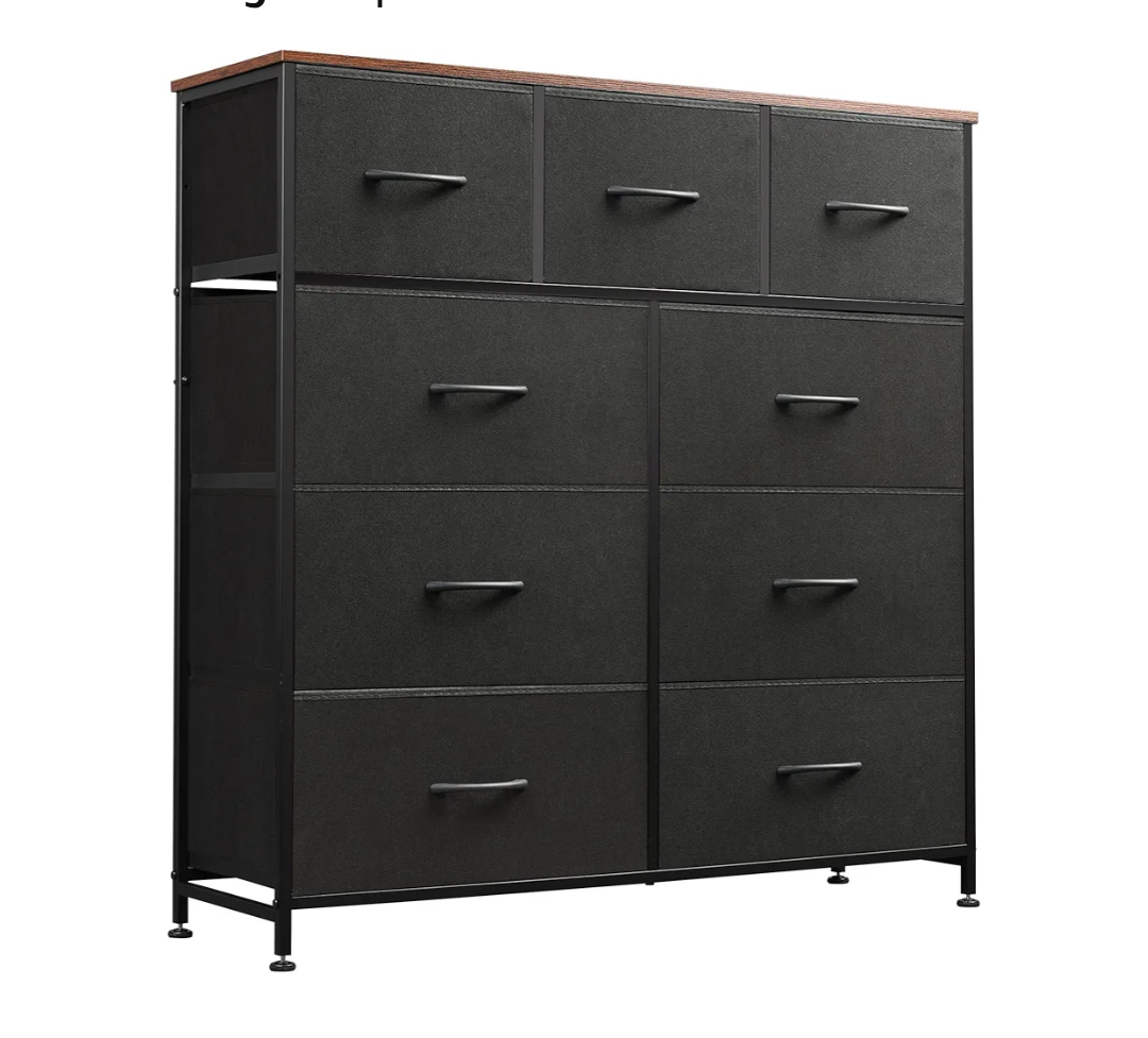 WLIVE 9 Drawer Dresser, Fabric Storage Tower for Bedroom, Hallway, Closet, Tall Chest Organizer Unit for Bedroom with Fabric Bins, Steel Frame, Wood Top, Easy Pull Handle, Black and Rustic Brown