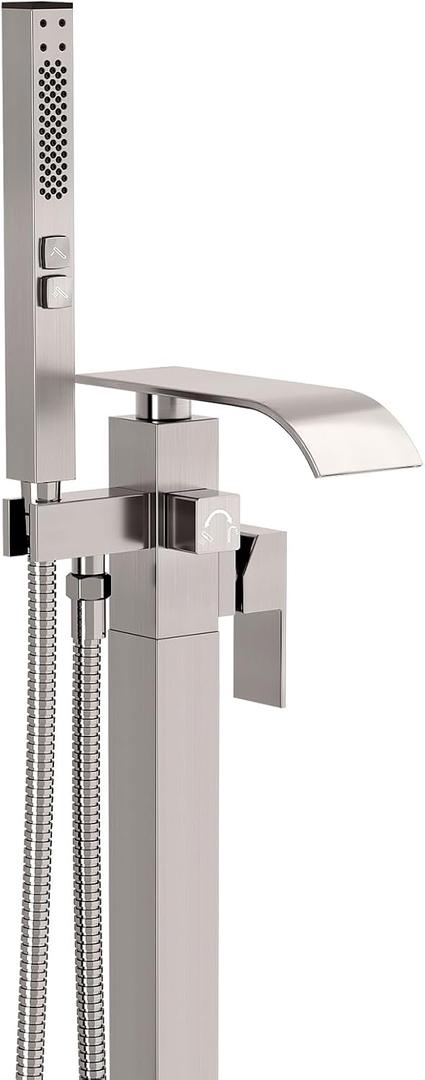 BESy Tub Filler Freestanding Bathtub Faucet Brushed Nickel Floor Mount Tub Faucet Waterfall Free Standing Bathtub Filler High Flow Brass Bath Shower Faucets with Handheld Sprayer
