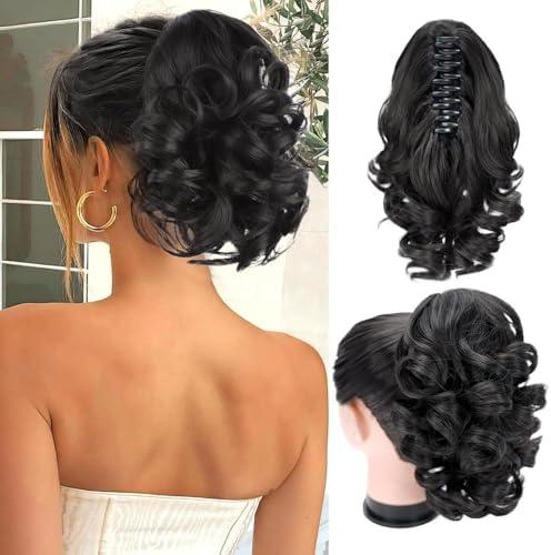 Foaoit Ponytail Extension, 10" Short Curly Wavy Claw Clip Pony tails Hair Extensions Hair pieces for Women Synthetic Faux Ponytail for Girls Daily Use (Natural Black)