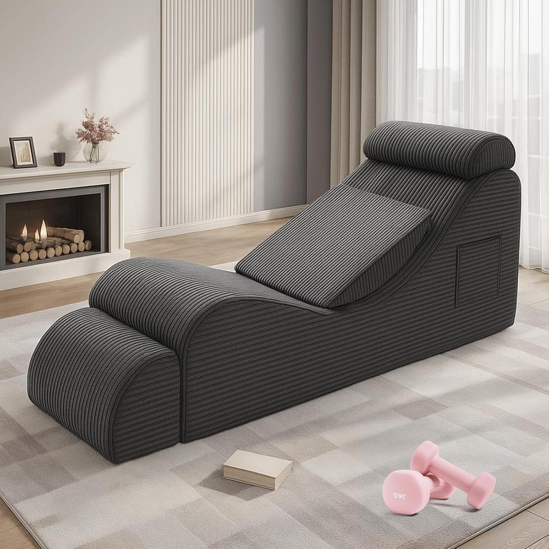 Yoga Chair Lounge, Ergonomic Chaise Lounge Chair with Side Pocket, Headrest, Waist Pad, Ottoman, Perfect for Stretching, Massage, and Relaxation, Used in Living Room, Bedroom