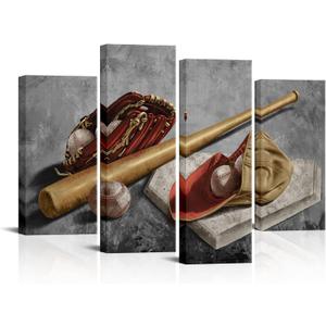 LevvArts 4 Panel Baseball Canvas Wall Art Retro Sports Painting Pictures Artwork for Boys Bedroom Decoration Rustic Gym Decor Art Poster Framed Ready to Hang