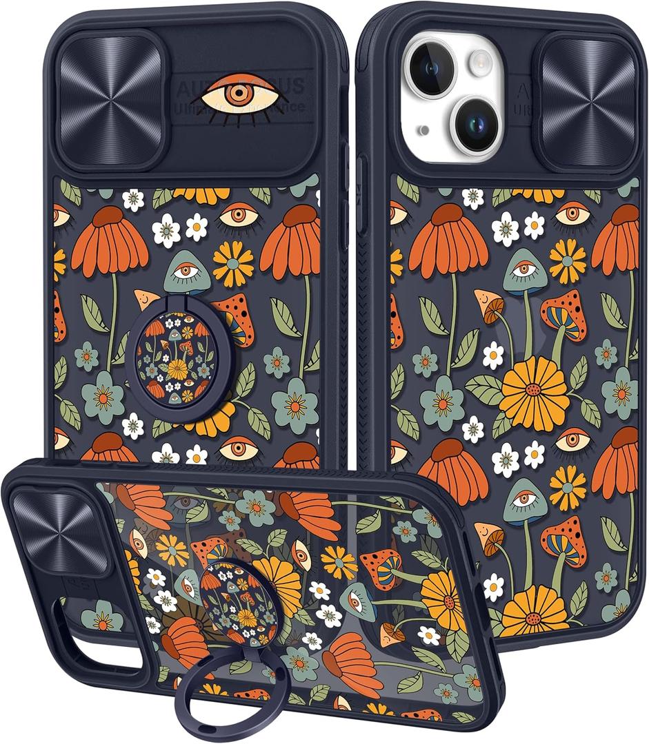 for iPhone 14 Case with Slide Camera Cover, Mushroon Cases for iPhone 14 with Ring Holder, Mushroon Eyes Stylish Aesthetic Designer Slim Protective Cover for 14