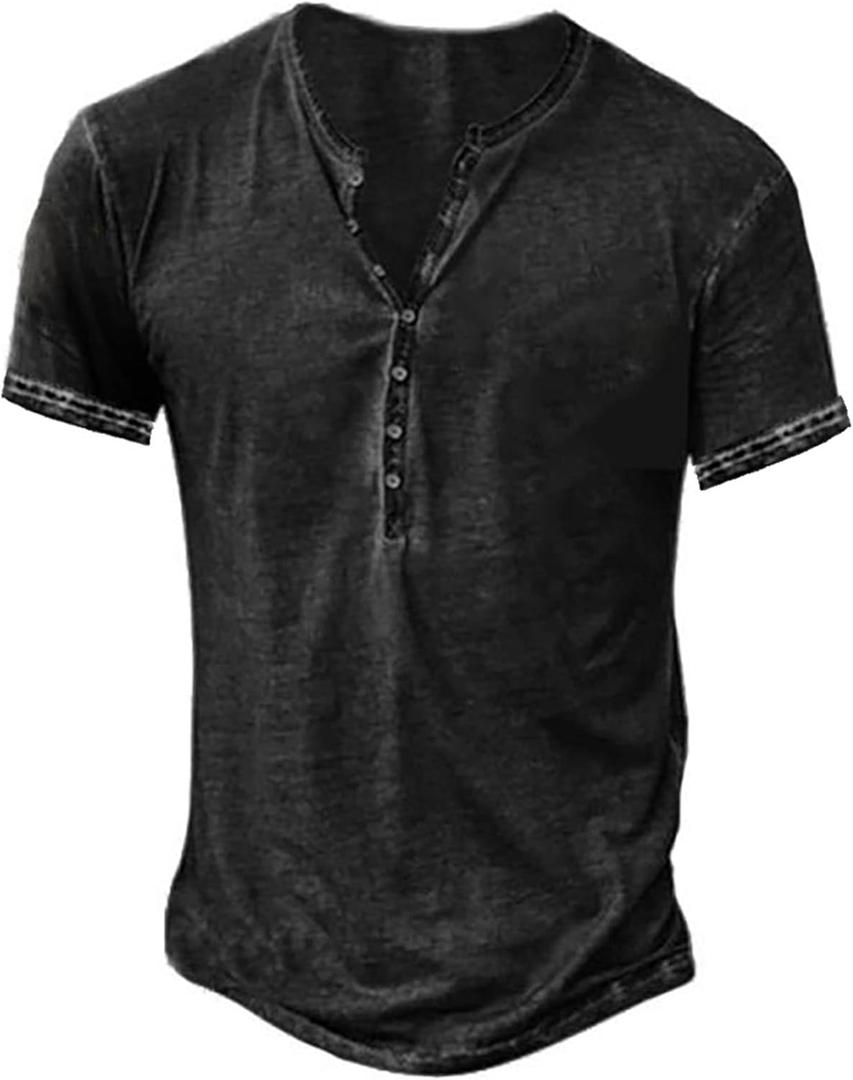 Men's Distressed Henley Shirts Retro Short Sleeve Tee Shirts Casual Button Down Washed T-Shirts for Men (XX-Large, 1-black)