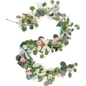 Easter Garland,6 FT Artificial Green Leaf Vine with Bows,Eggs,for Spring Holiday Party Home Decoration, Farmhouse Hanging Rustic Easter Garlands Decor