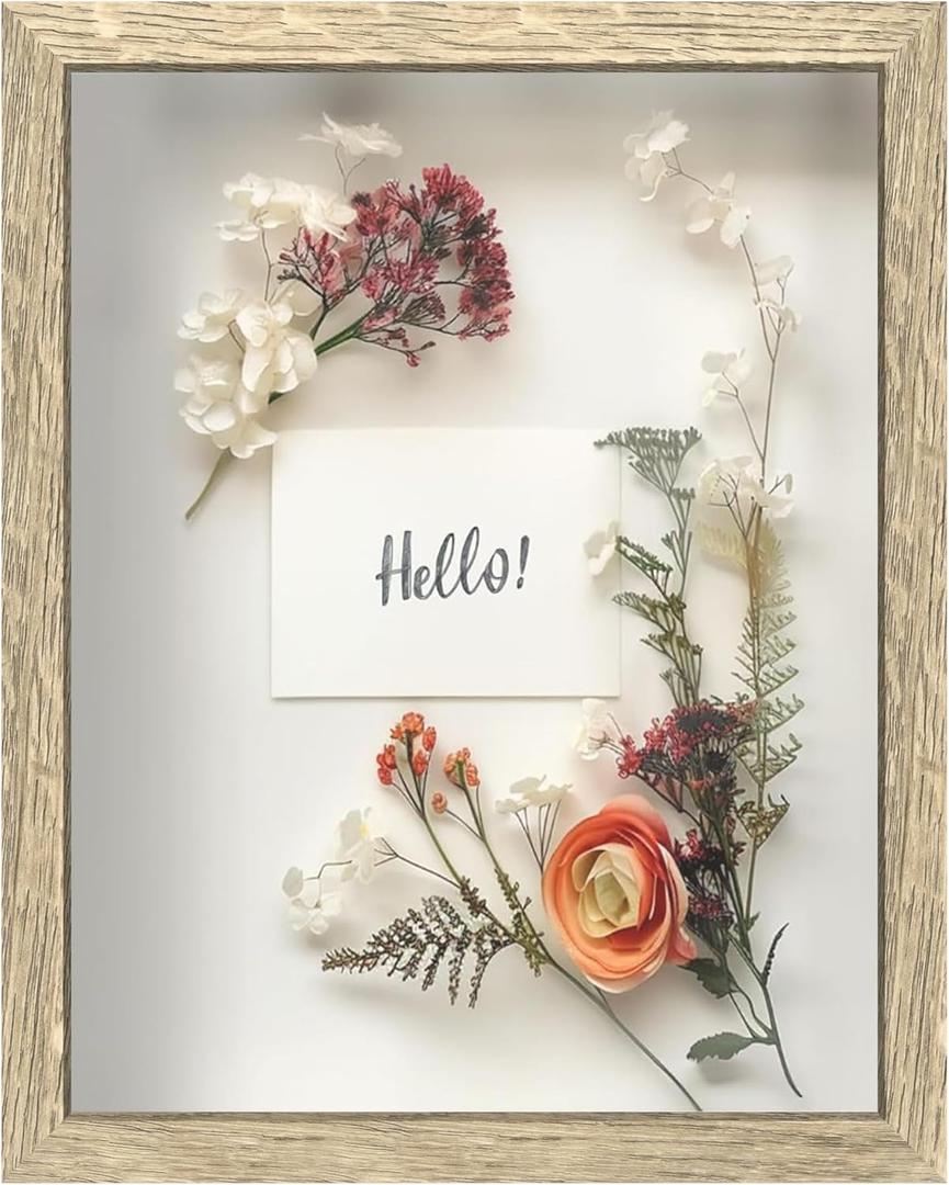 FrameWorks 11x14 Driftwood Wooden Shadow Box Frame  Soft Felt Back, Tempered Glass, and Included Elegant White Ball Push Pins (Natural)