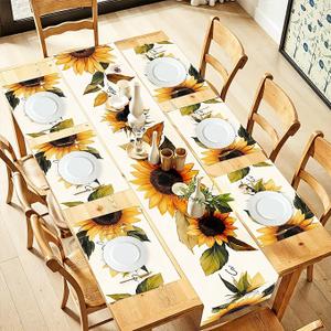 ANNA QUEEN Sunflower Table Runner and Placemats Set of 6, 13"x72" Table Runner with 12"x18" Placemats, Rustic Farmhouse Dining Table Decor for 4 to 6 People, Yellow Floral Fall Kitchen Decoration