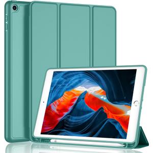iMieet iPad 9th Generation Case 2021/iPad 8th Generation Case 2020 10.2 Inch with Pencil Holder, iPad 7th Gen 2019 Case with Soft Baby Skin Silicone Back, Auto Wake/Sleep Cover (Forest Green)