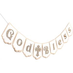 God Bless Banner - Suitable for Baptism, First Communion Decorations, Baby Christening Decorations, Rustic Style Baptism Banner for Boys and Girls, Photo Prop Party Decorations, Wedding and Birthday Party Supplies,Double Layers God Bless Banner with Cross (Gold God Bless)