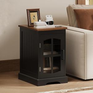 ChooChoo Farmhouse End Table with Charging Station, Nightstand with Adjustable Shelf and Glass Door, Black Side Table for Living Room, Bedroom