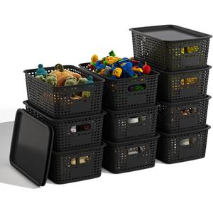 Black Plastic Storage Baskets with Lids 10 Pack Stackable Storage Bins Containers for Shelves Organizing, Cute Decorative Storage Boxes for Classroom, Playroom, Closet, Pantry