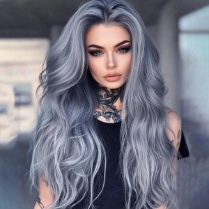 Silver Grey Layered Wavy Wigs for White Women with Bombshell Curtain Bangs Synthetic Long Salt and Pepper Hair Wigs for Women Middle Part Hair (Gray, 26inch)