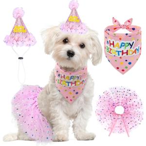 SCENEREAL Dog Birthday Bandana with Hat and Dress Girl Set, Puppy Birthday Party Supplies, Cute Pink Tutu Skirt Outfit for Small Medium Large Dogs