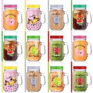 Mifoci 12 Pcs Funny Graduation Appreciation Gifts Bulk, 16 oz Cute Fruit Pun Mason Jar Drinking Glasses with Handles Lids Straws, Inspirational Thank You Gift for Employee Coworker Teacher Staff Nurse