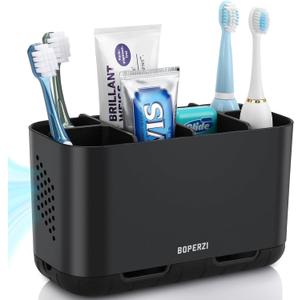 Boperzi Toothbrush Holders for Bathrooms Organizers and Storage, Large Tooth Brush Holders with Drainage, Anti-Slip Electric Toothbrush and Toothpaste Holders Caddy for Shower Kids Family, Black