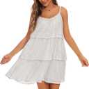 Women's Glitter Sequin Dress Adjustable Spaghetti Strap V Neck Fashion Sparkle Layered Evening Party Dress (White, L)