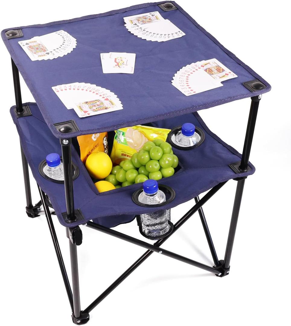 Portable Folding Camping Table with Cup Holders Lightweight & Compact 2-Tier Outdoor Table with Storage, Ideal for Card Games, Snacks, Picnic, Tailgating & Camping (Navy Blue)