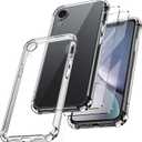 for iPhone XR 6.1-Inch Case, Shockproof TPU Clear Cover with 2 Pack Tempered Glass Screen Protectors & Leather Kickstand (3M Adhesive Mount) for Stand/Horizontal Viewing, Clear