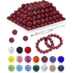 120PCS FIVEIZERO Rhinestone Beads for Jewelry Making, 10mm Dark Red Shiny Round Shamballa Disco Bead, Sparkle Crystal Clay Beads for DIY Bracelets, Necklaces, Earrings, and Crafts
