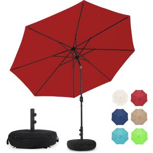 Sundale Outdoor 9FT Patio Umbrella with Sand Bag Umbrella Base, Outdoor Umbrella with Tilt and Crank, Red