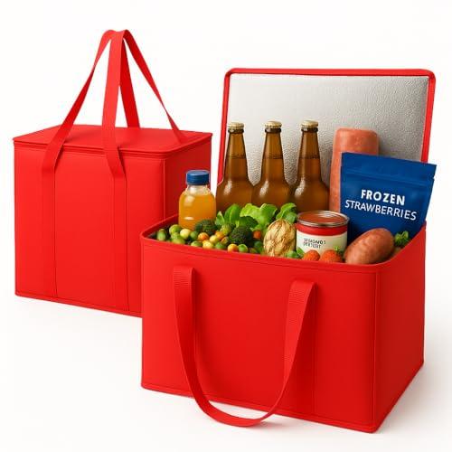 musbus 2-Pack XL-Large Insulated Grocery Shopping Bags, Red, Reusable, Heavy Duty, Zipped Zipper,Collapsible,Tote,Cooler,Groceries,for car,Recycled Material Warm Foldable Bag…