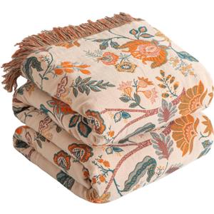 Boho Throw Blanket for Bed 60x80, 100% Cotton Woven Blanket for Couch Sofa, Ultra Soft 4-Layer Muslin Quilt with Floral Printed, Farmhouse Bed Blanket/Cover for Living Room Decor