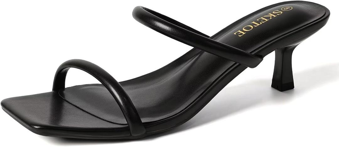Kitten Heels for Women Comfortable Two-Strap Open Toe Sandals with Padded Footbed Square Toe Heels (9, Black)