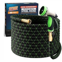 PowerFlow Garden Hose, NON-EXPANDABLE 50 Feet Premium Quality Stainless Steel Metal Water Hose with Durable Fabric Skin, Hose For Commercial, Residential Use, Bonus 10-way Spray Nozzle (50 Ft, Black)