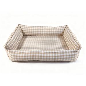 Gingham Dog Bed with Removable Covers for Small Dogs Rectangular All-Season Plaid Dog Bed Gingham Cuddler for Pups (Beige Bed,L (<20lb))