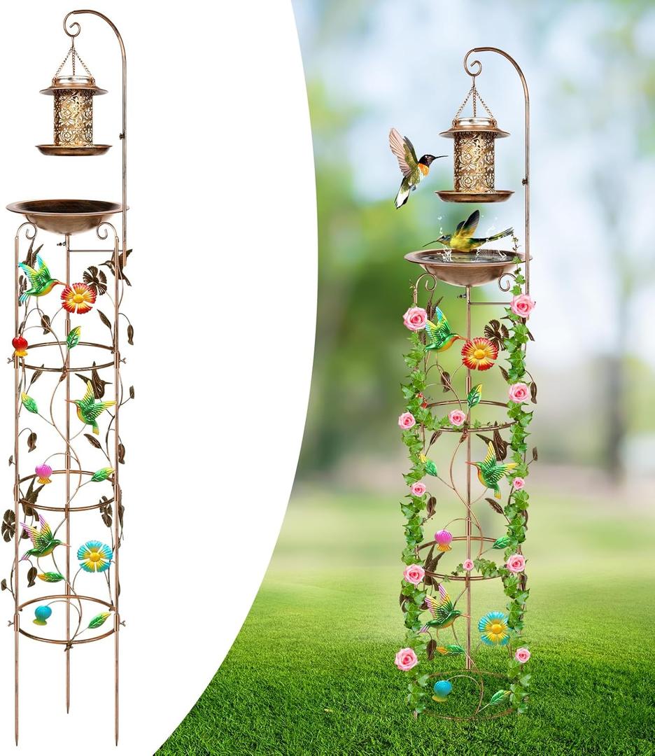 Metal-Bird-Bath with Garden-Trellis Solar-Bird-Feeders for Climbing-Plants-Outdoor - with Decorative Butterflies Hummingbird Antique Iron Garden Plant Trellis 71" Height Hummingbird