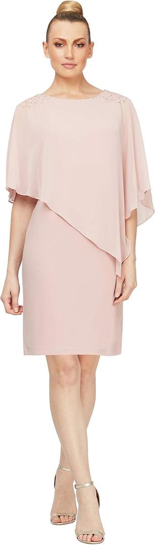 S.L. Fashions Women's Short Chiffon Beaded Capelet Dress  (Pink, L)