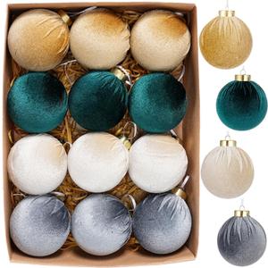 12 Pcs Velvet Christmas Ornaments Balls, 3.15 inch Velvet Christmas Tree Balls, Neutral Shatterproof Hanging Xmas Ornaments for Christmas Tree,Family, Holiday, Party Decoration, Green Gray