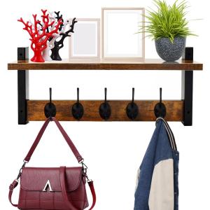 Wall Hooks with Shelf Coat Rack Wall Mount Shelf with 5 Metal Hooks Coat Backpack Key Clothes Hanger with Storage, Wall Floating Shelf Hanging in Entryway, Living Room, Bathroom, Bedroom, Kitchen