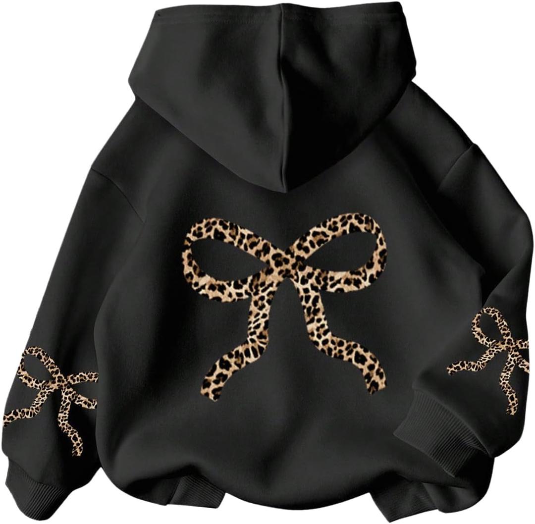 COZYEASE Girl's Bow Leopard Hoodies Long Sleeve Hooded Sweatshirts Pullover Cute Tops 2000s Fall Outfits (Black,14Y)