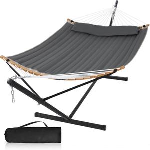 55in Hammock with Stand, Heavy Duty Hammock with Stand Included, Two Person Hammock with Curved Spreader Bar, Pillow and Portable Bag, 450 Lbs Capacity, Dark Gray