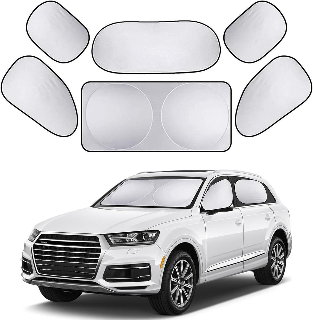 6 PCS Car Windscreen Visor, Sunscreen Insulation Windshield Sun Shade Kit, Foldable Privacy Visor, for Front and Rear Windshields, Side Windows Sunshade Protectors, for Most Cars (Silver)