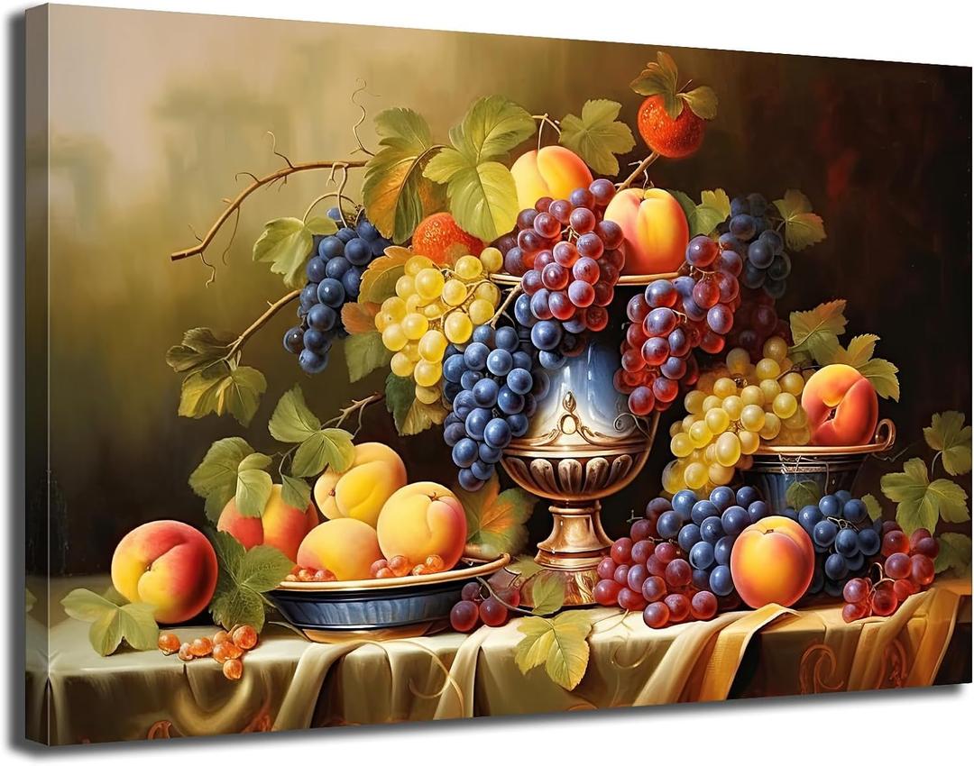 Kitchen Fruit Canvas Wall Art Vintage Still Life Painting Fruits and Grape Print Picture Rustic Farmhouse Colorful Framed Food Art for Dining Room Home Decor, 24"L x 16"W