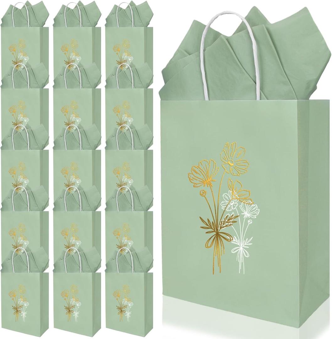 FYSUIMU 30 Pcs Sage Green Floral Paper Bags with Handle and Tissue Paper Foil Gold White Flower Party Favor Goodie Treat Bag for Thanksgiving Wedding Mother's Day Birthday Baby Shower Party Supplies