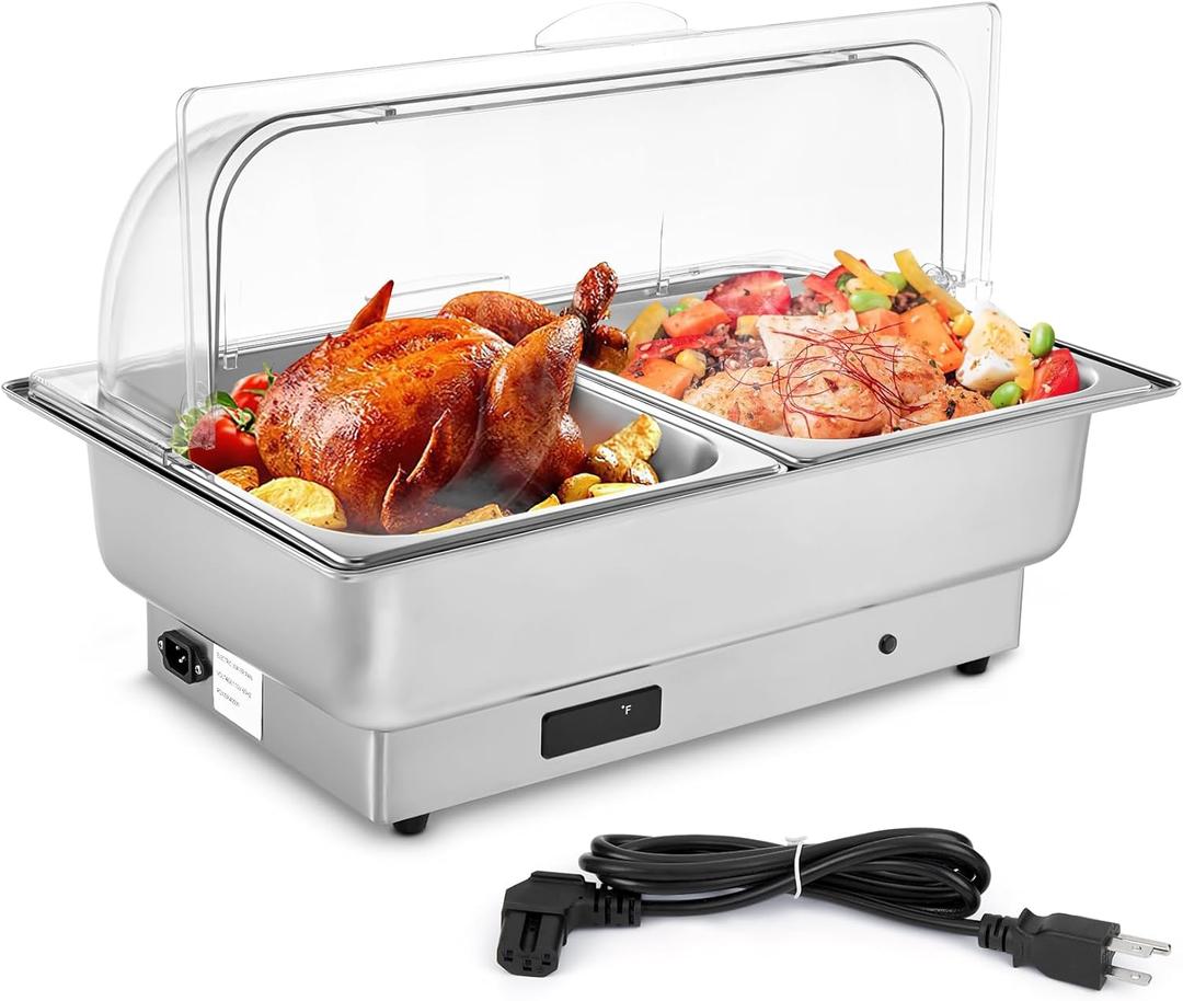 9 Qt Electric Chafing Dish Buffet Set, with Roll Top Viewing Lid, Stainless Steel Food Warming Tray, for Parties, Dinners and Catering, 1PACK