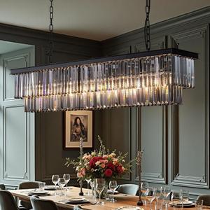 47-inch Rectangle Dining Crystal Chandelier, Hanging Pendant Light with Adjustable 59" Wire, Smoke Gray K9 Crystals, E12 Bulbs Base, Modern Ceiling Light Fixture for Kitchen Island
