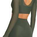 LASLULU Mesh Long Sleeve Crop Tops for Women Double Lined Workout Athletic Gym Shirts Cropped Tops with Built in Bra (Green, L)
