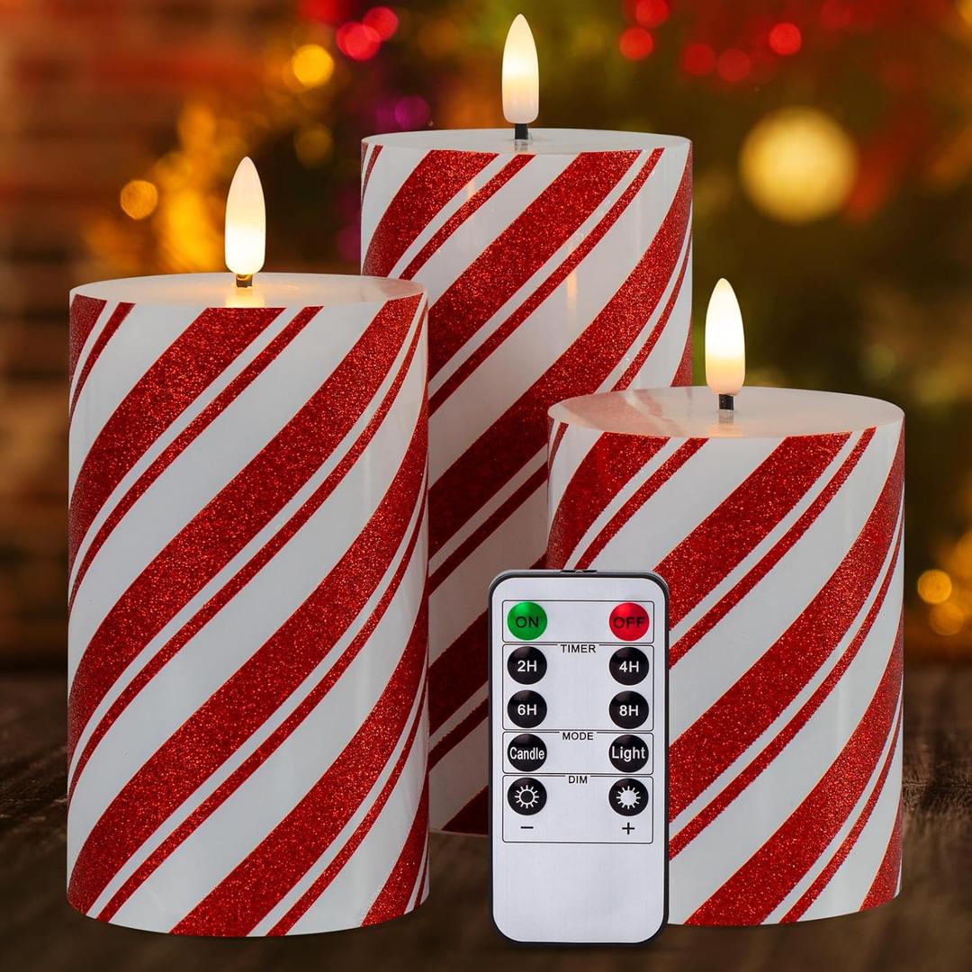 Red Stripe Flameless Pillar Candles with Timer, Real Wax Flickering Battery Operated Candles for Christmas Holiday Home Decor, Set of 3 (D3 x H4 5" 6")