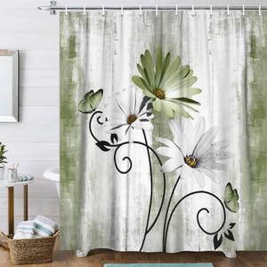Rustic Farmhouse Shower Curtain, Farm Sage Green Daisy Floral Flowers and Butterfly on Country Wooden Forest Green for Bathroom, Olive Green With 12PCS Hooks, 48X70IN