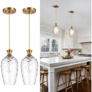 2 Pack Glass Pendant Lights Kitchen Island Gold Vintage Pendant Light Hand-Blown Hammered Clear Glass Hanging Light Fixtures E26 Brass Pendant Light for Kitchen Sink Dining Room