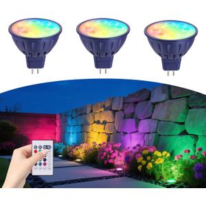 RGBW Color Changing MR16 LED Bulbs, CCT Tunable 2700K to 6500K, Dimmable with Remote Control, Memory Function, GU5.3 Bi-pin Base Light Bulbs for 12V Low Voltage Landscape Lighting 3-Pack
