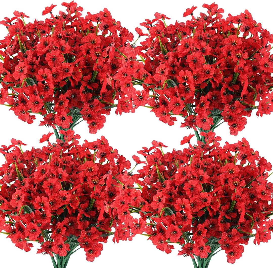 Hananona 28 Bundles Artificial Flowers Outdoor Red Fake Flowers UV Resistant No Fade Faux Outdoor Plants Garden Porch Window Box Decorating (28, Red)