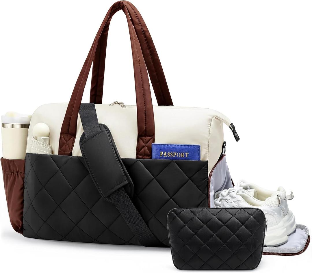 Gym Bag for Women with Shoe Compartment, 2-PC Lightweight Puffer Weekender Duffle with Wet Pocket, Quilted Carry on Travel Bag for Overnight Dance Hospital, Water Resistant, Brown